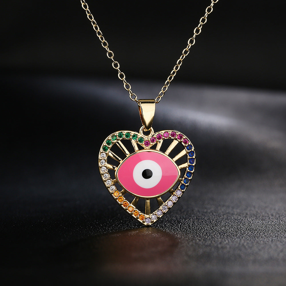 Minimalist Lucky Heart Enamel Evil Eye Pendant Necklace for Women in Brass with 18K Gold Plating and Colored Zircon