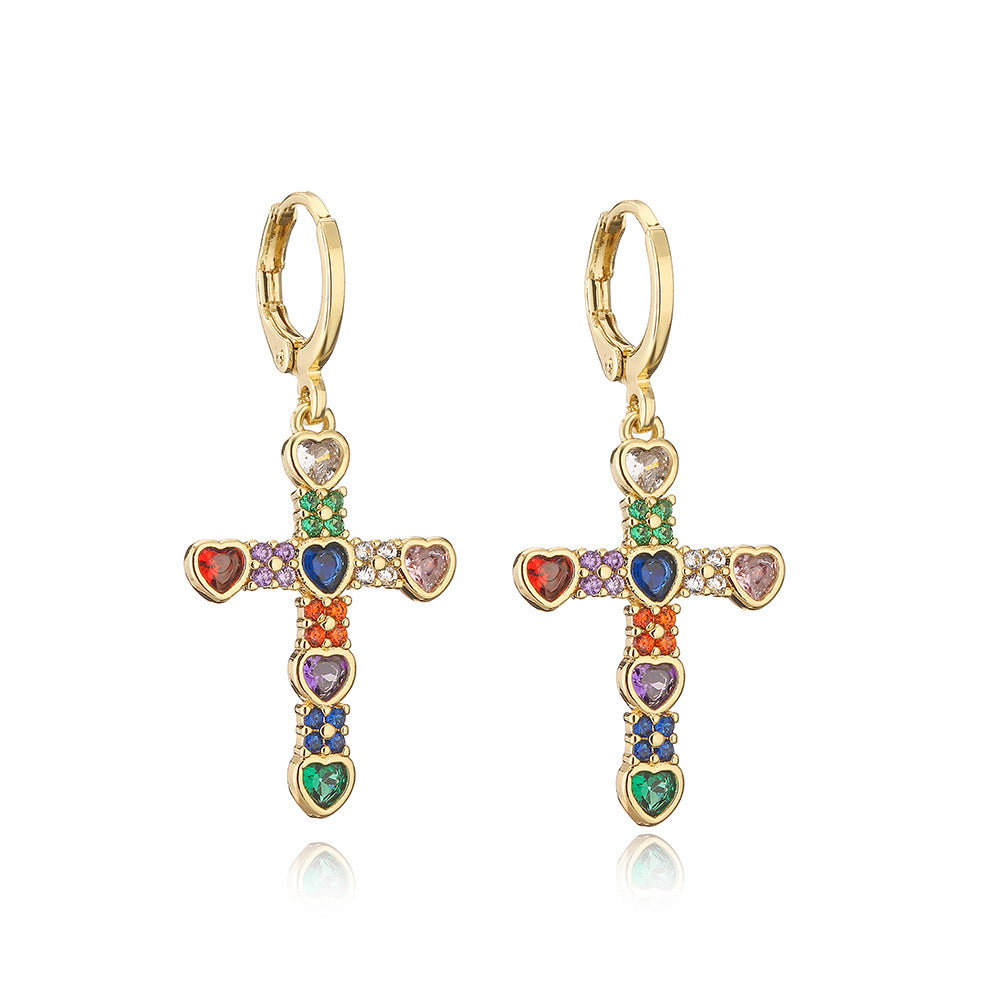 Orecchini a croce minimalisti in rame placcato oro 18 carati con intarsio in zircone da donna