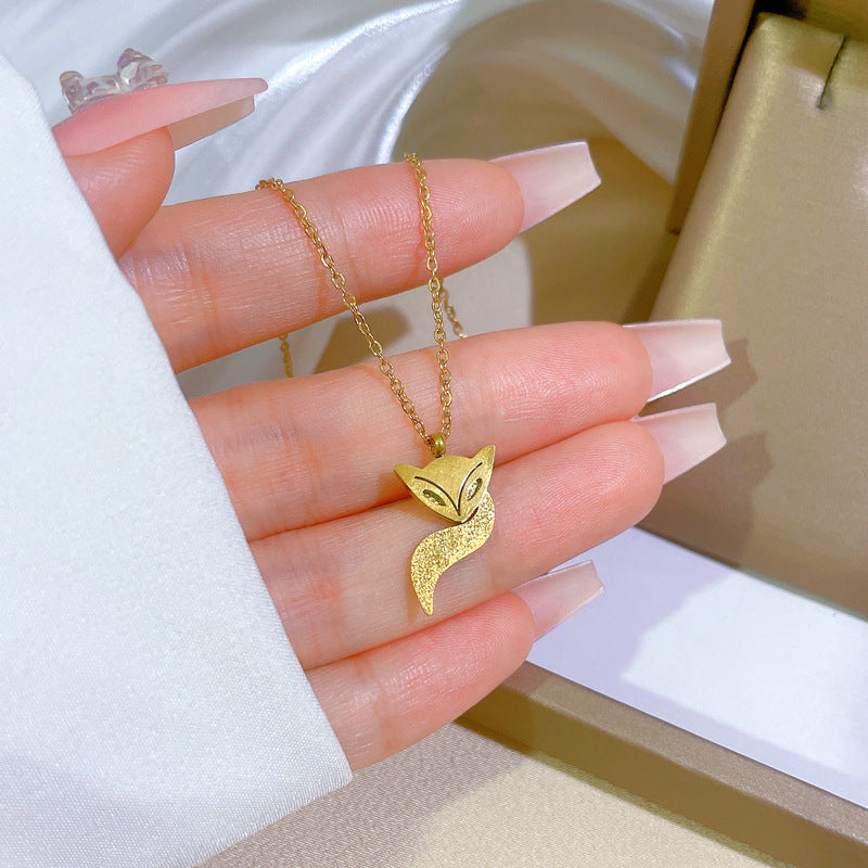Minimalist Fox Pendant Necklace in Titanium Steel with Gold Plating for Women and Men, Geometric Locket Style Clavicle Chain