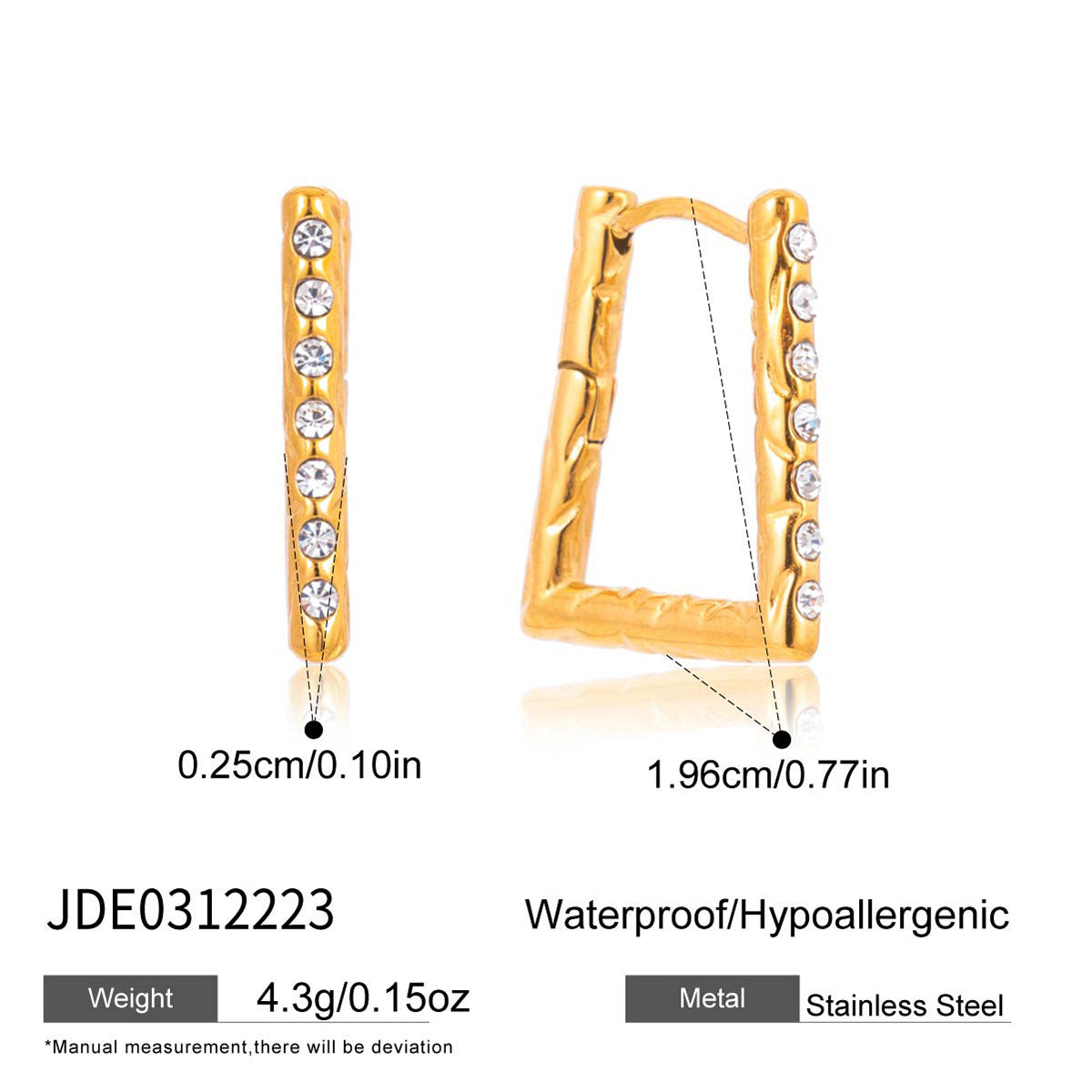 Luxury Minimalist Square Geometric Stainless Steel Plated Rhinestone Stud Earrings for Women