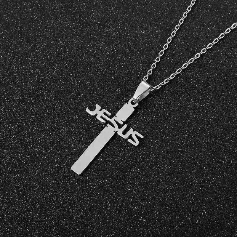Fashion Cross Pendant Necklace in Titanium Steel with Polished Gold Plating on O-Chain for Unisex Wear