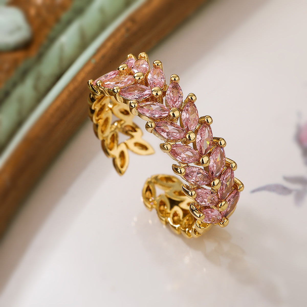 Minimalist Geometric Open-End Wheat Sheaf Ring for Women in Brass with Real Gold Plating and Zircon Inlay