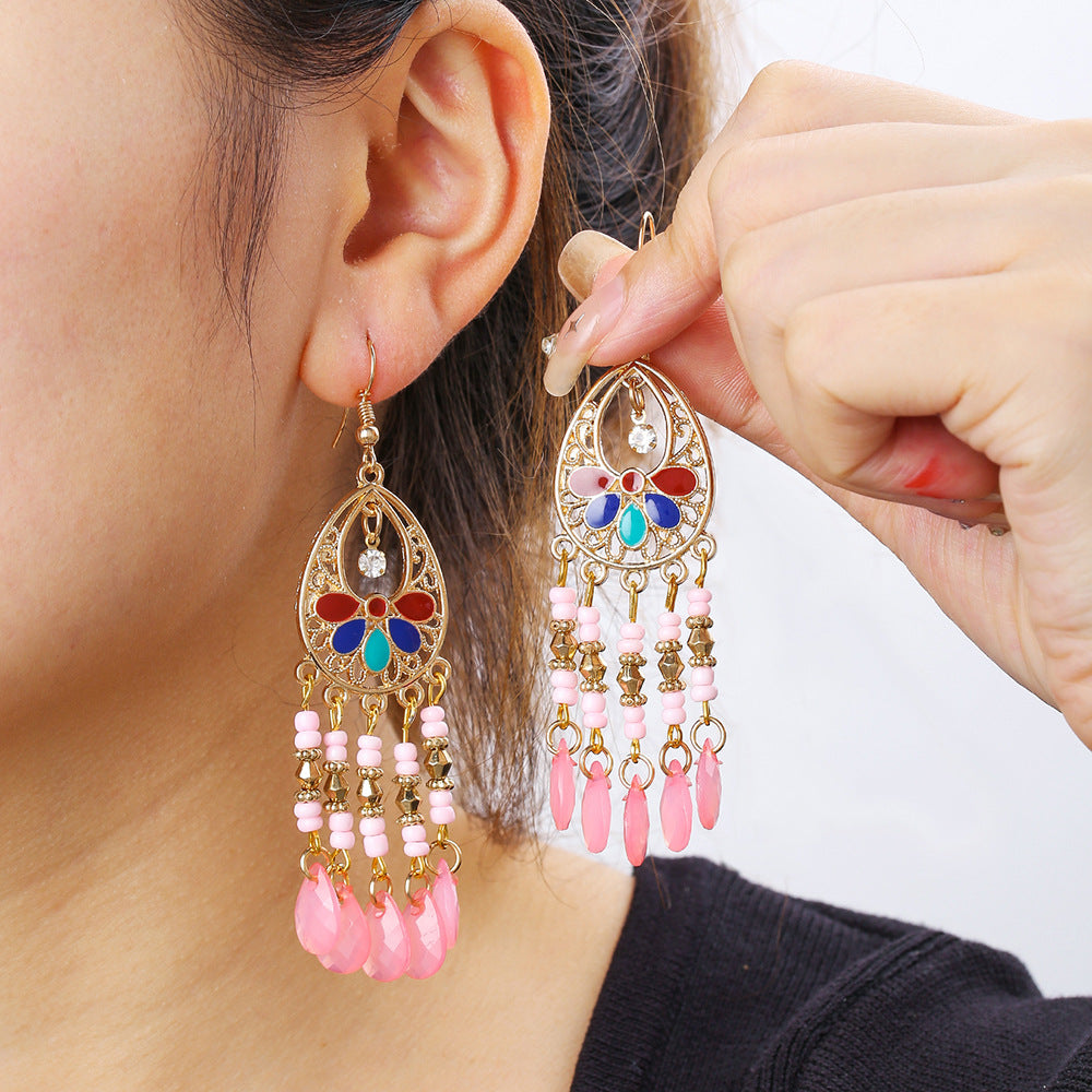 Vintage Bohemian Ethnic Geometric Round Alloy Plated Tassel Earrings for Women