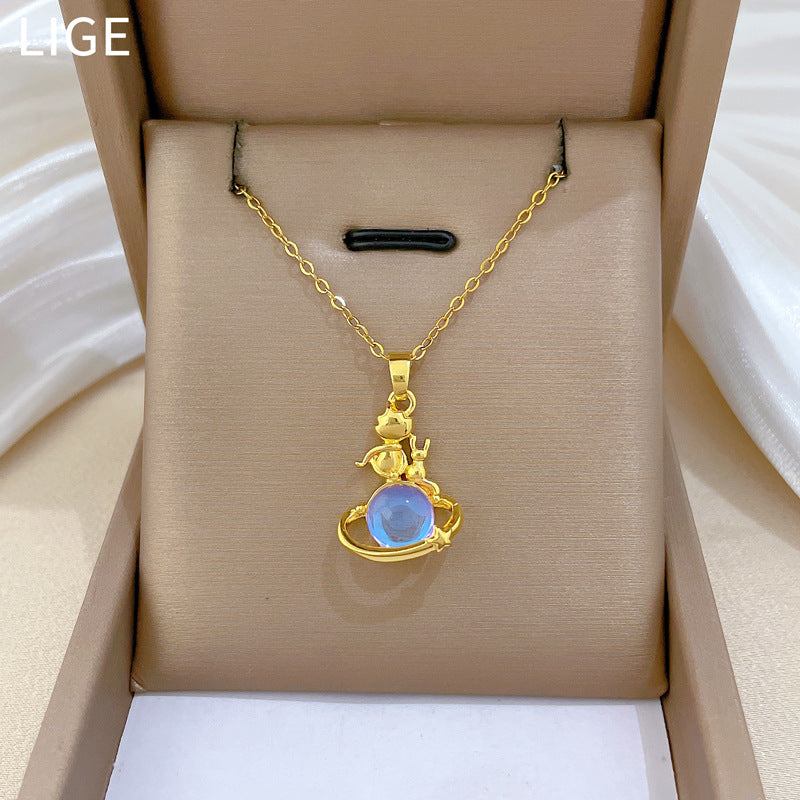 Collana con ciondolo a luna geometrica minimalista da donna e da uomo, catena a medaglione in acciaio inossidabile con strass