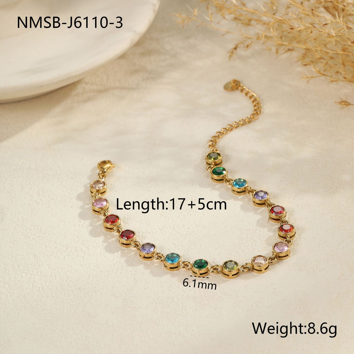 Bracciale da donna alla moda in acciaio inossidabile con geometria, placcatura in oro 18 carati e dettagli in zirconi colorati