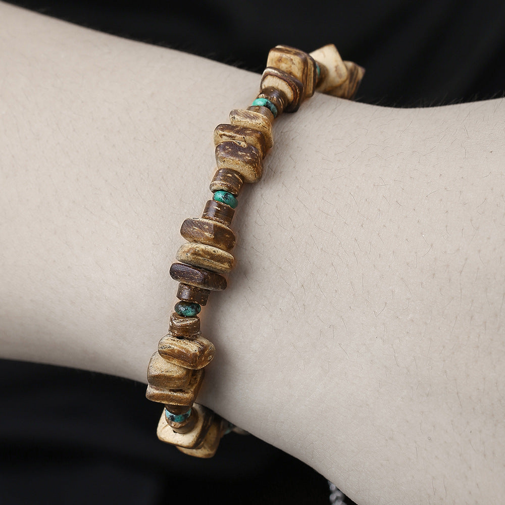 Maillard Tone Geometric Round Wood Bead Stainless Steel Bracelet