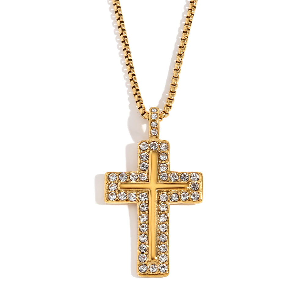 Collar colgante de cruz minimalista de moda para mujer de acero inoxidable con baño de oro de 18 quilates y detalles de diamantes de imitación