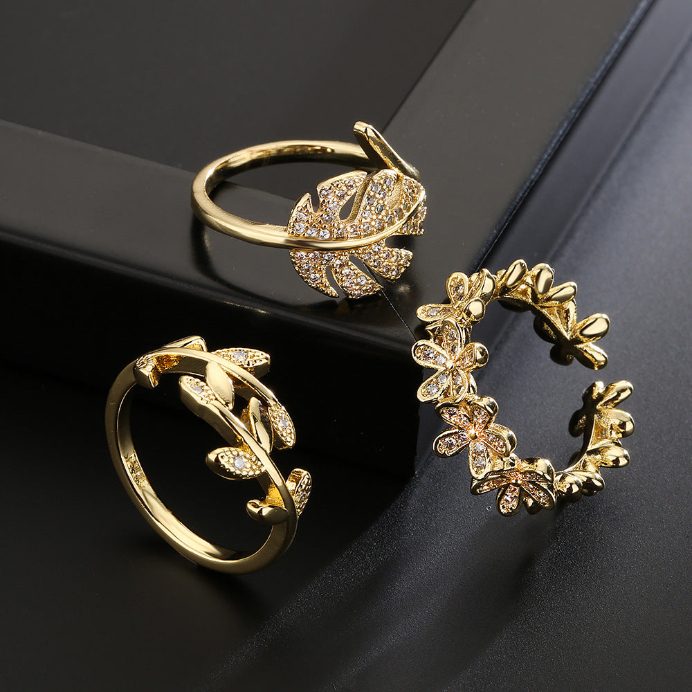 Minimalist 18K Gold Plated Copper Zircon Leaf Geometric Open Ring for Women