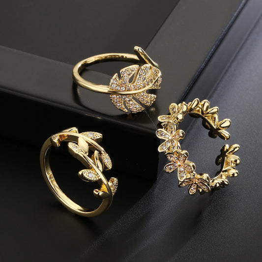 Minimalist 18K Gold Plated Copper Zircon Leaf Geometric Open Ring for Women