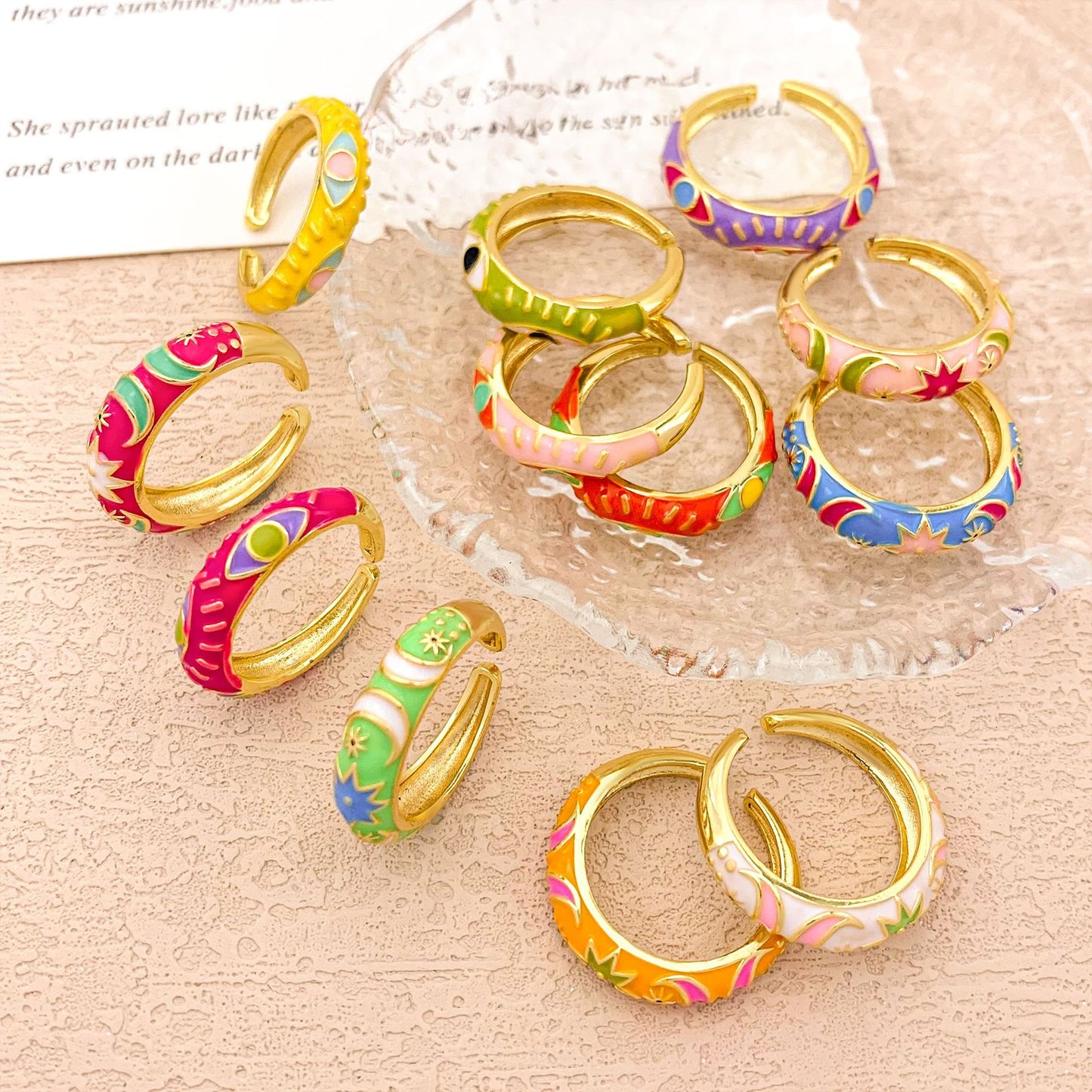 Sweet Alloy Gold Plated Drip Oil Round Oval Ring with Polka Dot Evil Eye Design for Women