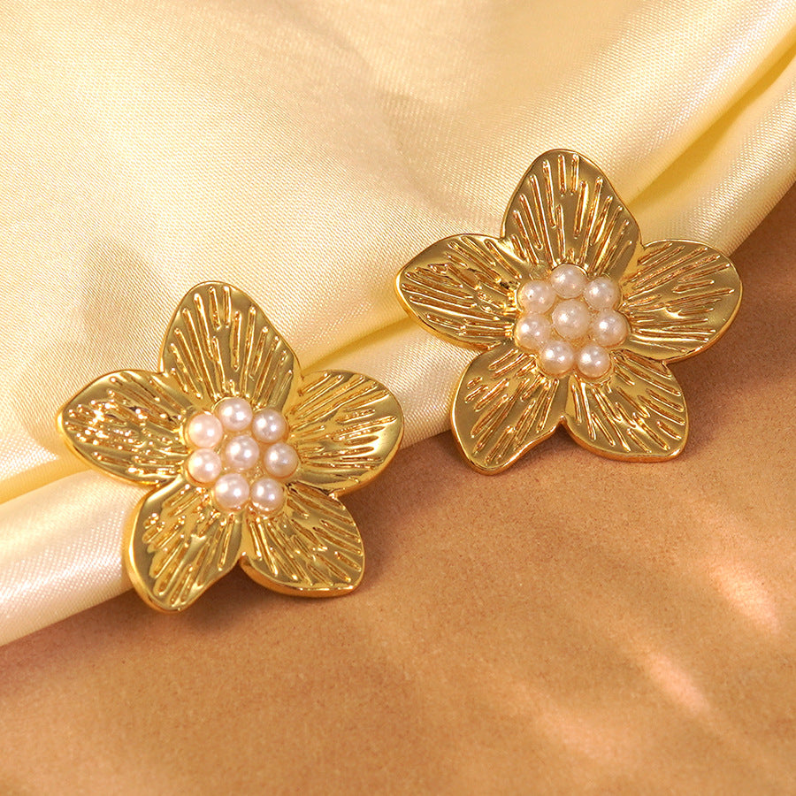 Vintage Floral Stamping Stainless Steel Pearl Earrings