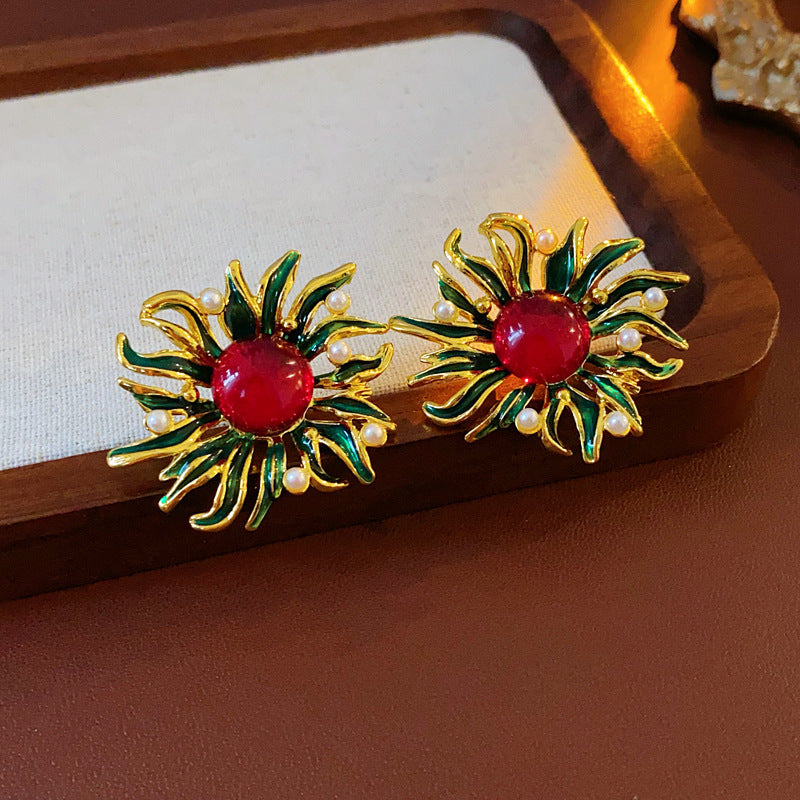 Vintage Floral Polka Dot Enamel Dangle Earrings in Alloy with Stainless Steel Posts for Women