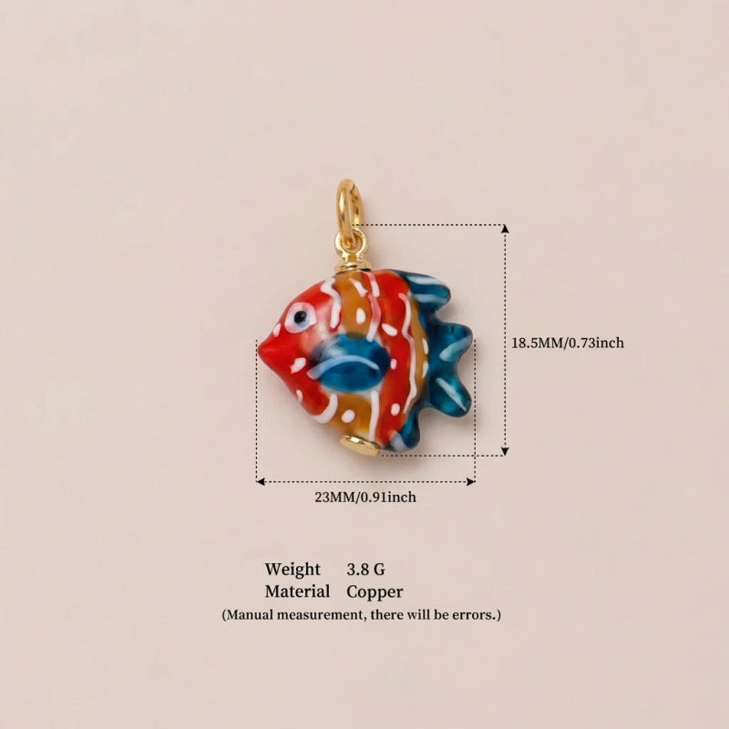 Vintage 18K Gold Plated Stainless Steel Flower Fish Round Ceramic Pendant Ball Chain Necklace