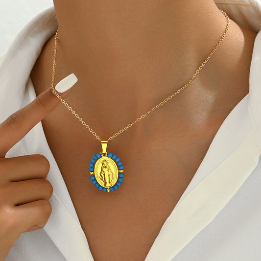 Vintage Palace-Style Long Necklace for Women with Geometric and Cartoon Character Pendant, Copper Plated Chain, Elegant Clavicle Chain