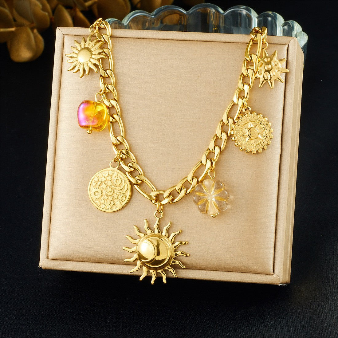 Sweet Gold Plated Heart Floral Hollow Stainless Steel Pendant Necklace Curb Chain