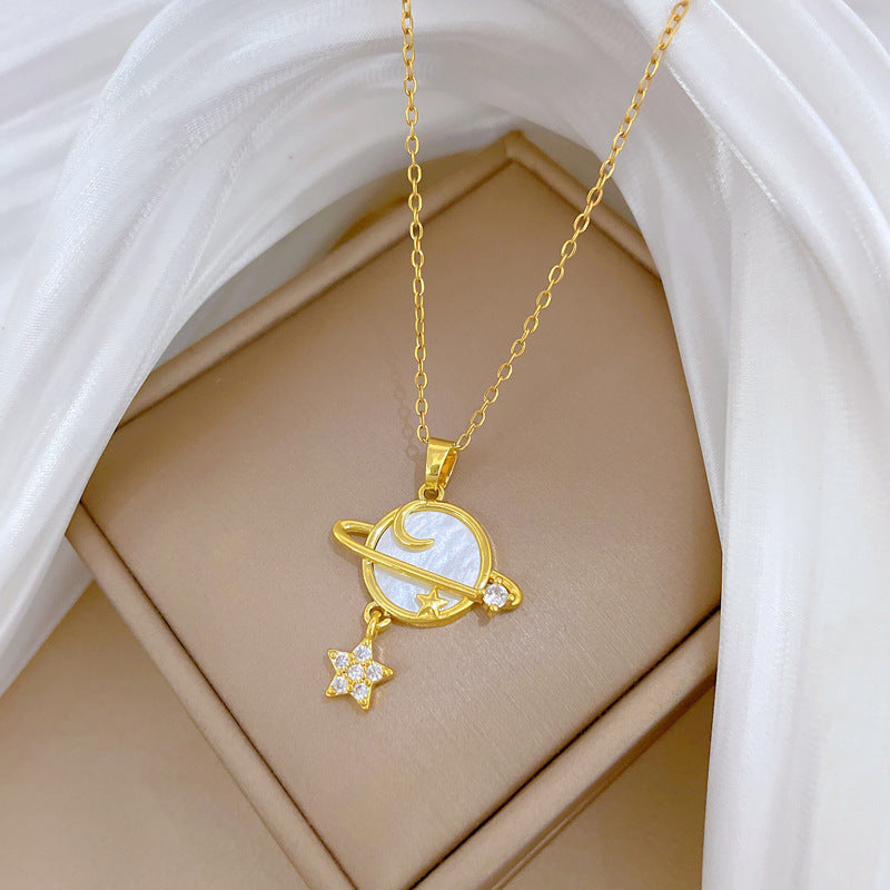 Sweet Minimalist Star Moon Geometric Rhinestone Brass Pendant Titanium Steel Necklace for Unisex
