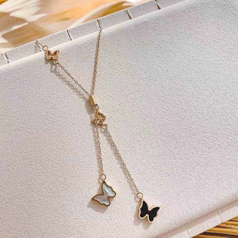 Adjustable Black and White Double-Sided Butterfly Pendant Necklace for Women in Titanium Steel with O-Chain Minimalist Sweet Elegant Clavicle Design