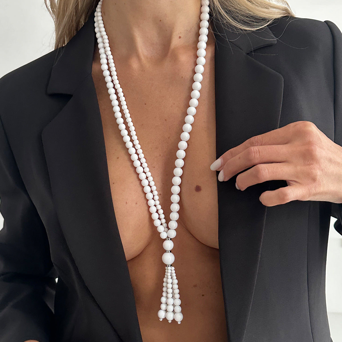 Vintage Geometric Acrylic Beaded Long Necklace with Tassel for Women