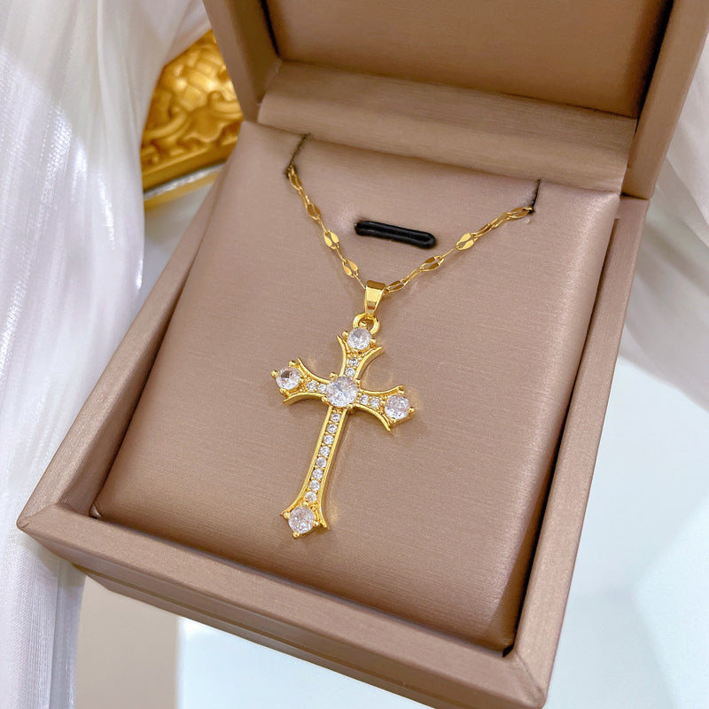 Collana Pendente a Croce Minimalista in Acciaio Inossidabile con Intarsio di Zirconi per Donna e Uomo, Delicata Catena a Clavicole