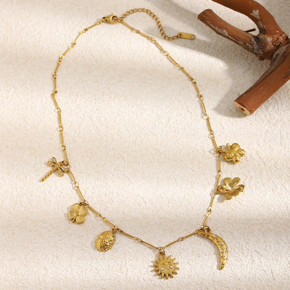Elegant Luxury 18K Gold Plated Stainless Steel Moon Floral Pendant Necklace for Women