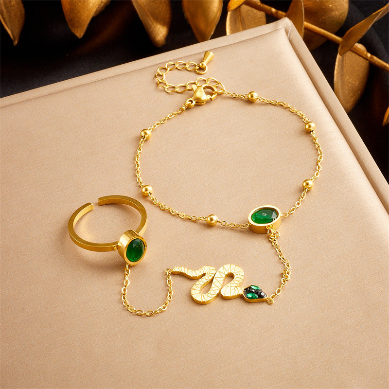 Set Anello Aperto e Bracciale in Acciaio Inossidabile Placcato Oro Stile OL alla Moda con Dettagli a Catena Snake