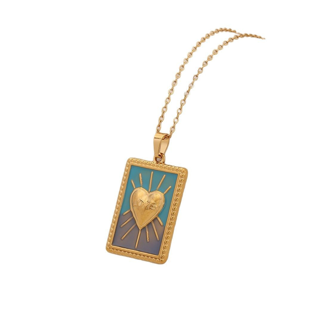Vintage Heart-Shaped Stainless Steel Pendant Necklace with Gold Plating and Tarot Design
