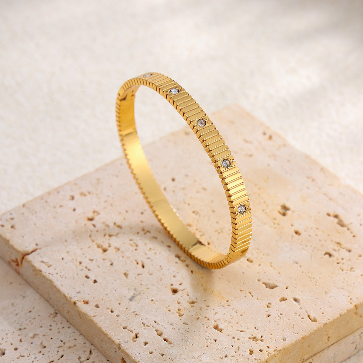 Elegant 18K Gold Plated Stainless Steel Bracelet with Cubic Zirconia Geometric Round Square Design for Women