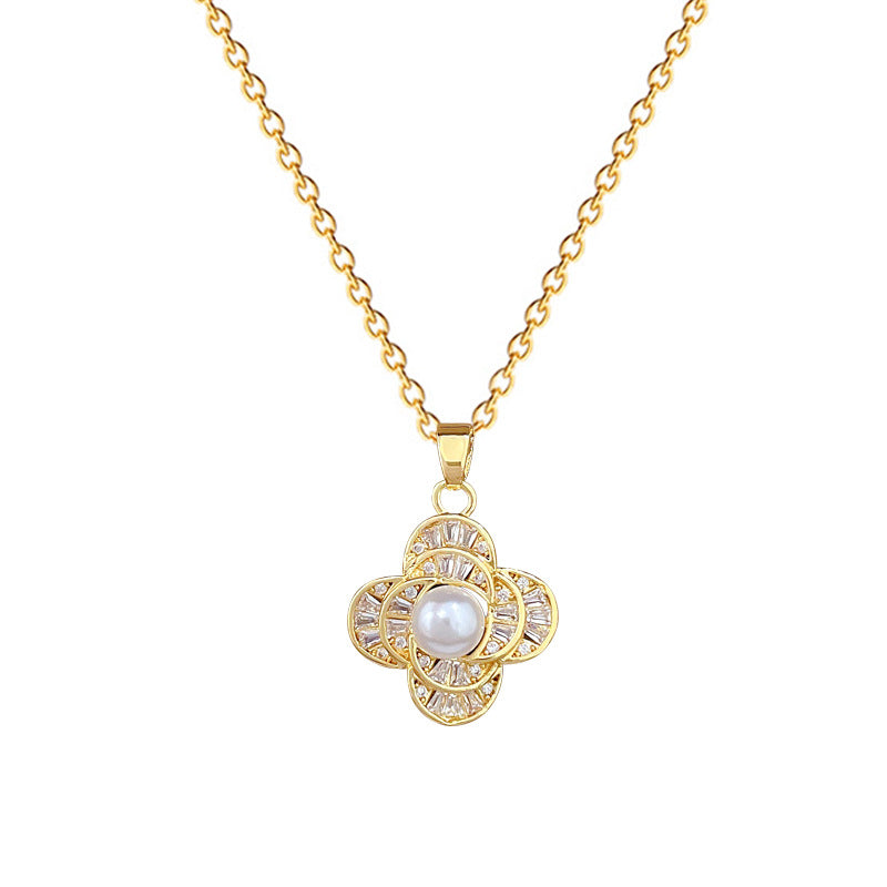 Sweet Luxury Teardrop Moon Pearl Rhinestone Titanium Steel Necklace for Women