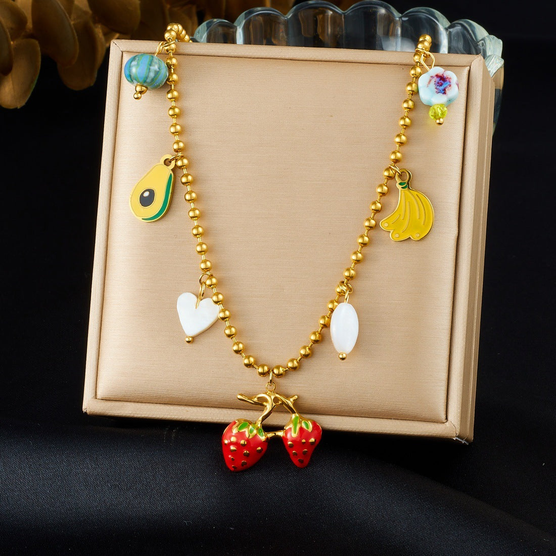 Cartoon Drip Oil Fruit Pendant Stainless Steel Necklace Ball Chain Strawberry Banana Avocado