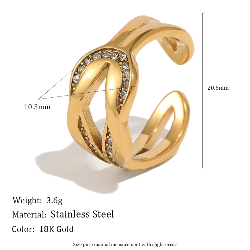 Elegant Minimalist Geometric 18K Gold Plated Stainless Steel Rhinestone Knot Open Ring for Women