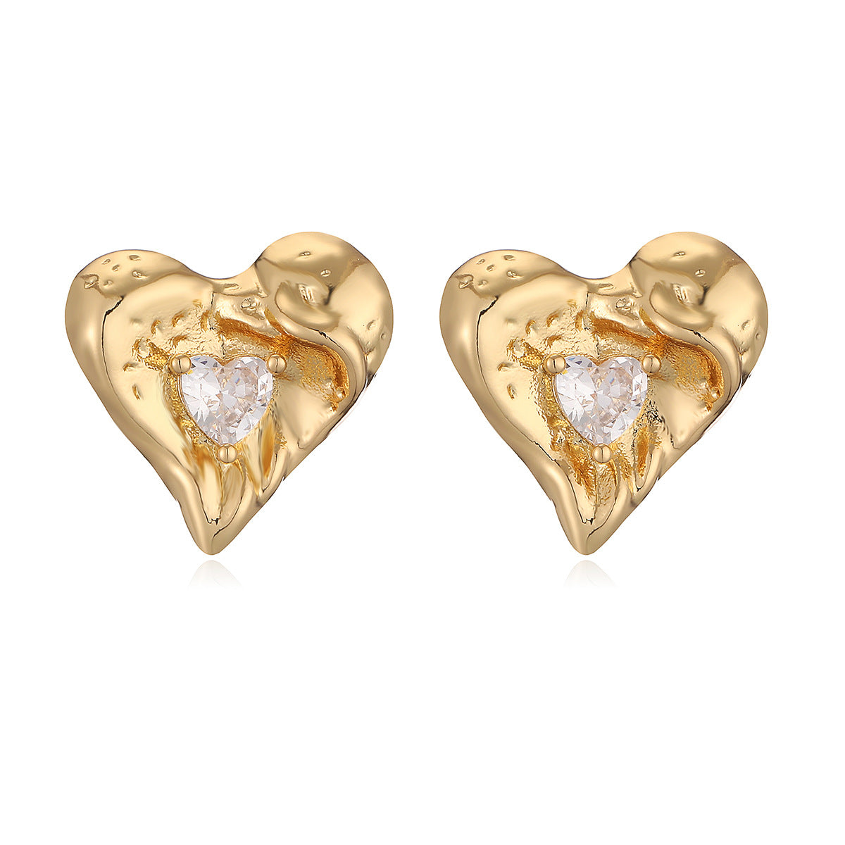 Orecchini a Cuore Minimalisti in Rame con Placcatura in Oro Vero e Zirconi Micro-Pavé per Donna