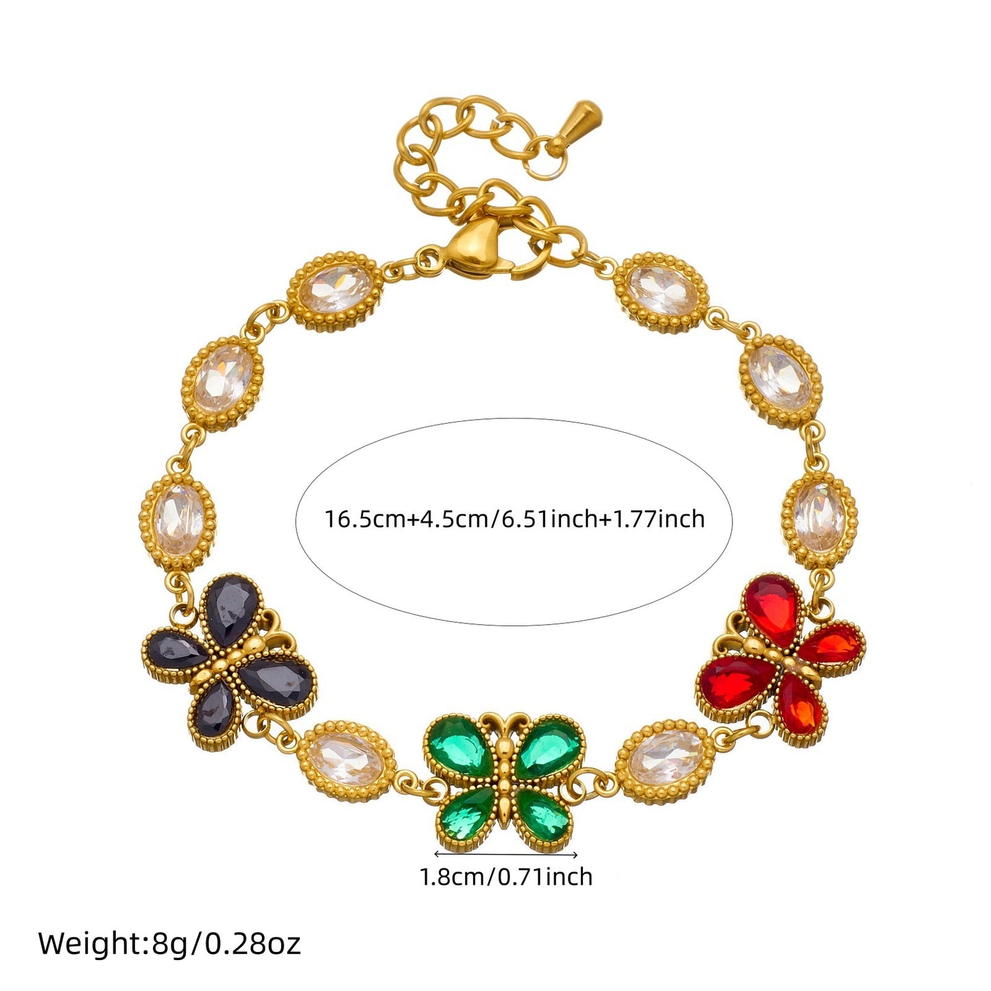 Fashion Elegant Gold Plated Stainless Steel Oval Butterfly Rhinestone Bracelet for Women