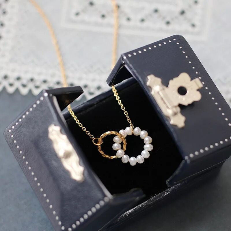 Minimalist Geometric Double Ring Titanium Steel Necklace with Pearl Accents for Women