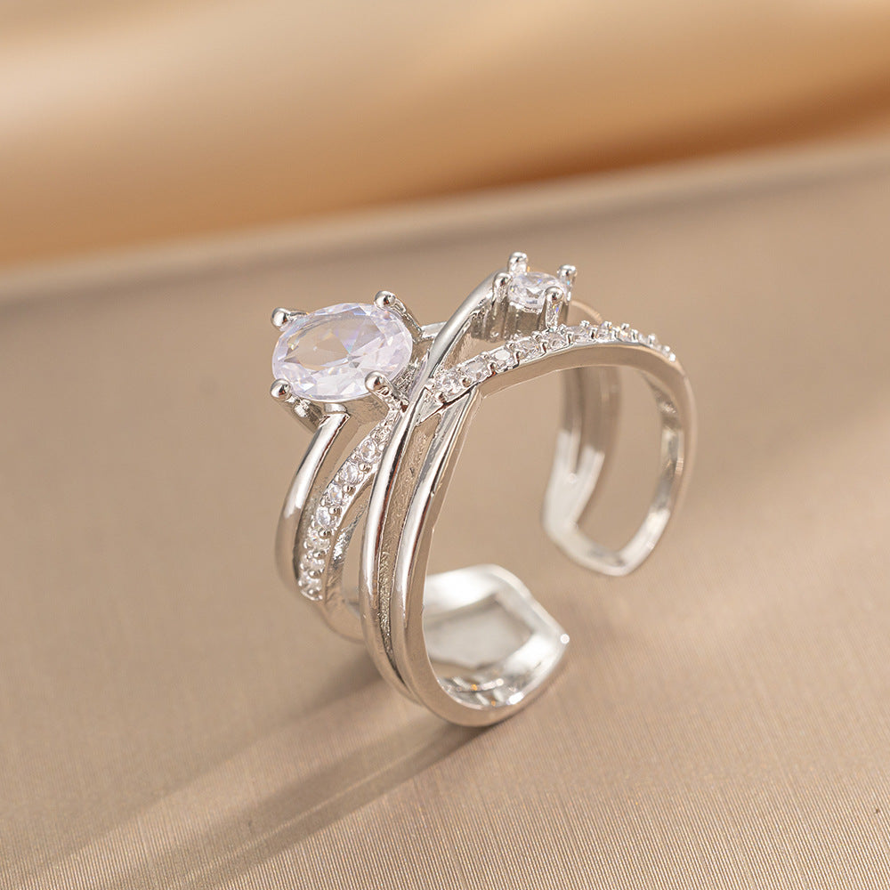 Luxury Minimalist Adjustable Open Ring for Women with Gold-Plated Copper Band and Zircon Stone Accent in Heart and Floral Shape