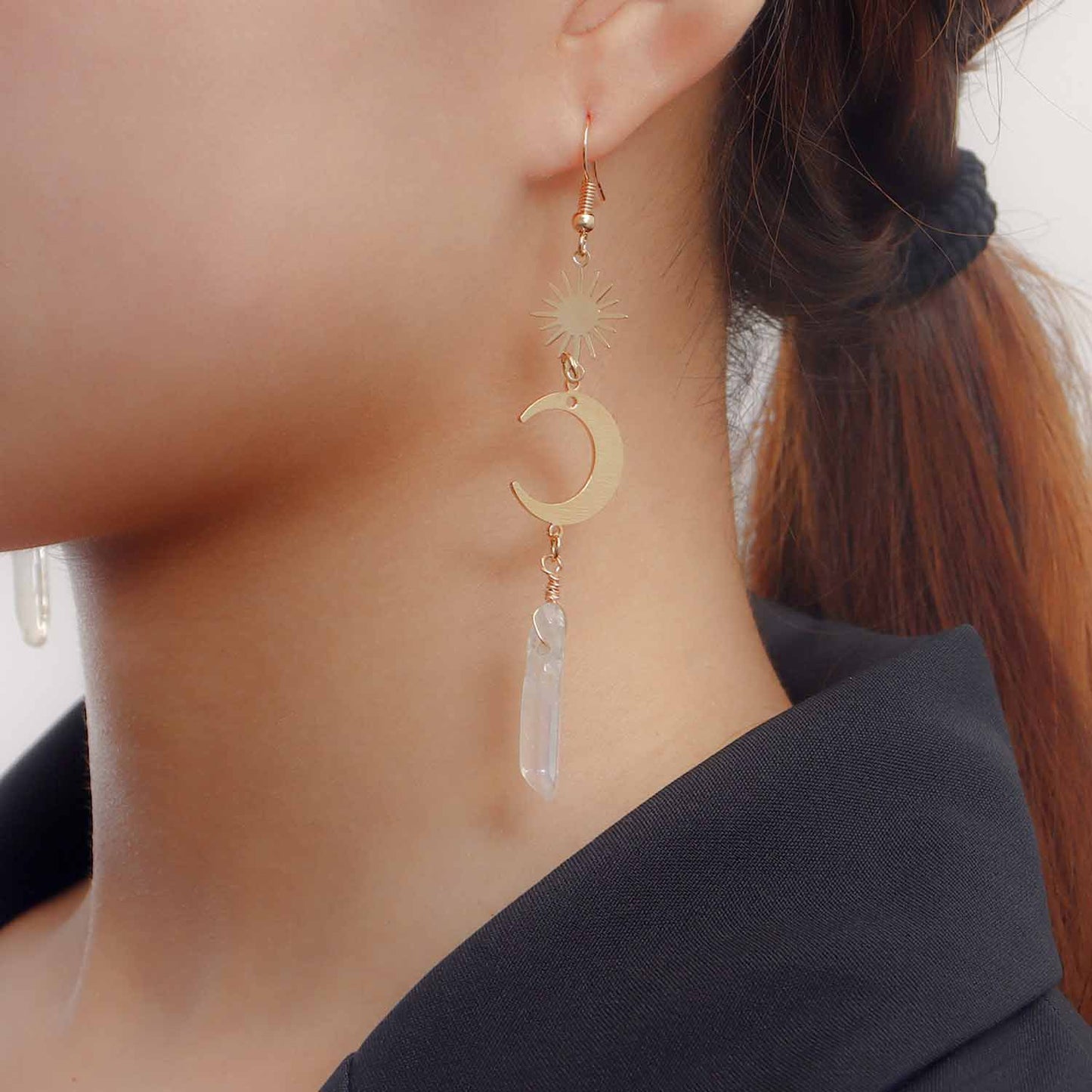 Vintage Geometric Moon-Shaped Long Tassel Earrings with Transparent Semi-Precious Stones for Women