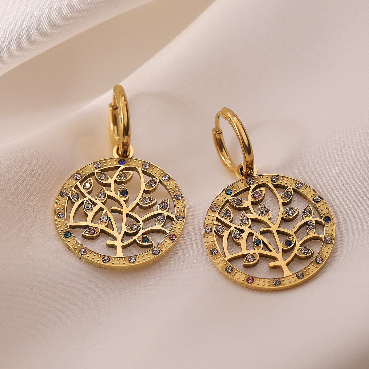 Minimalist Geometric Tree-Shaped Titanium Steel Earrings for Women with Genuine Gold Plating and Zircon Inlay