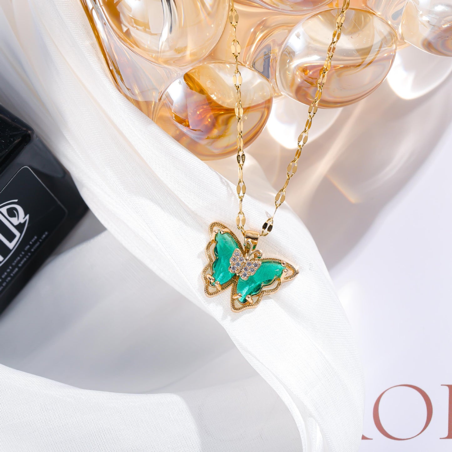Minimalist Elegant Gold Plated Titanium Steel Butterfly Necklace with Crystal Inlay for Women