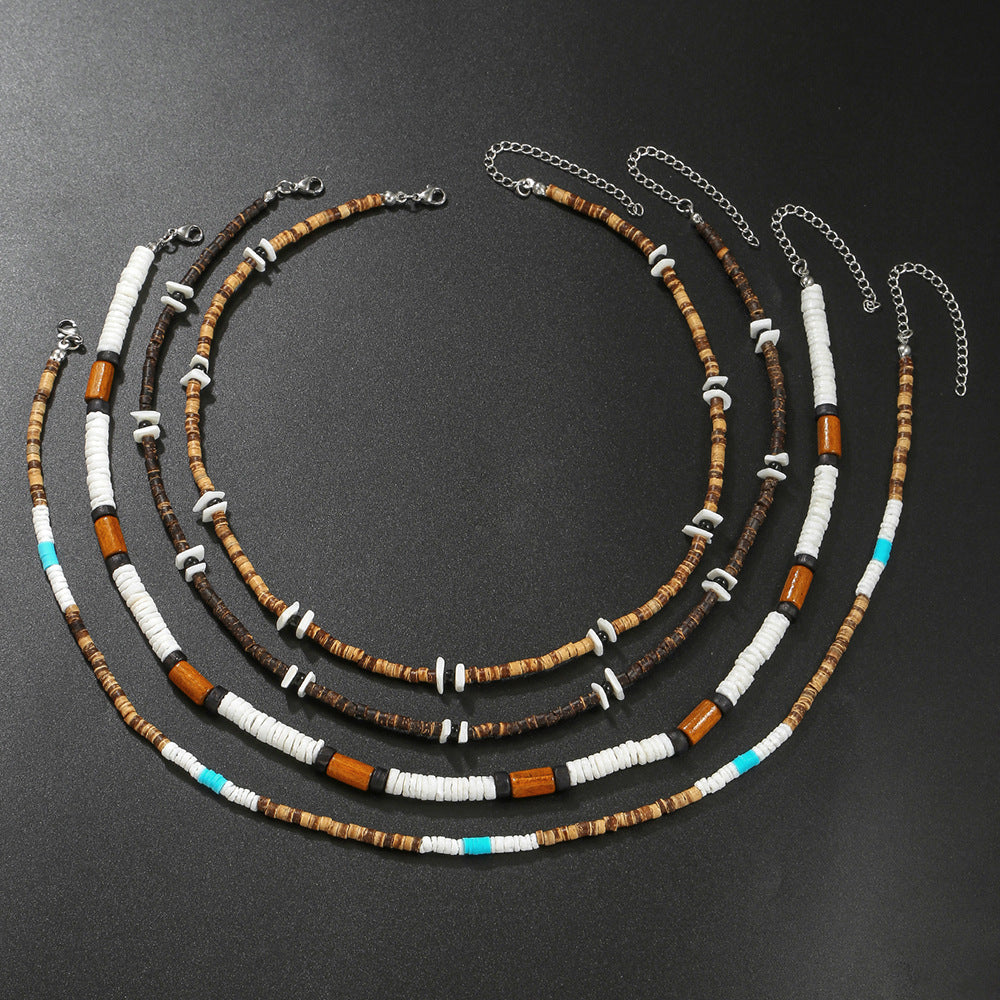 Bohemian Geometric Round Wood Coconut Shell Resin Inlaid Stainless Steel Ball Chain Necklace for Unisex