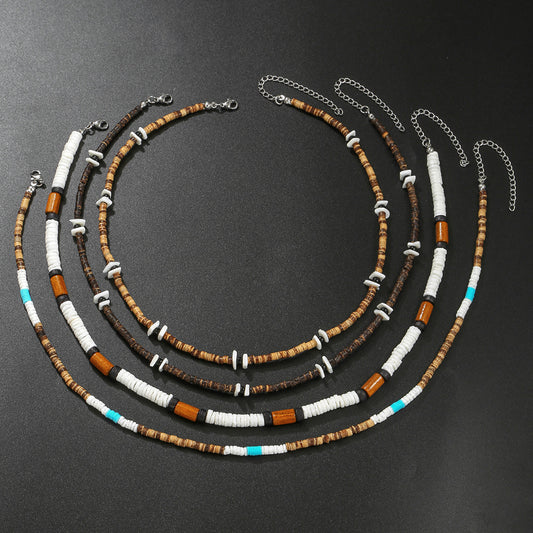 Bohemian Geometric Round Wood Coconut Shell Resin Inlaid Stainless Steel Ball Chain Necklace for Unisex