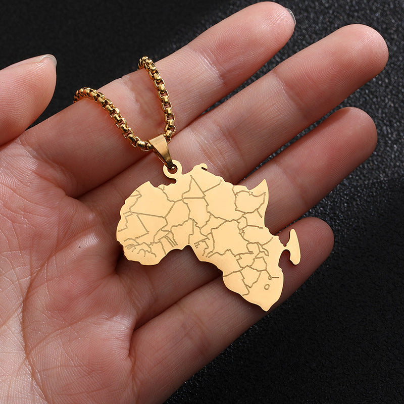 Collana con Ciondolo Mappa dell'Africa Placcato Oro in Acciaio al Titanio Stile Retro Hip-Hop con Ciondolo Elefante su Catena di Perle Quadrate per Unisex