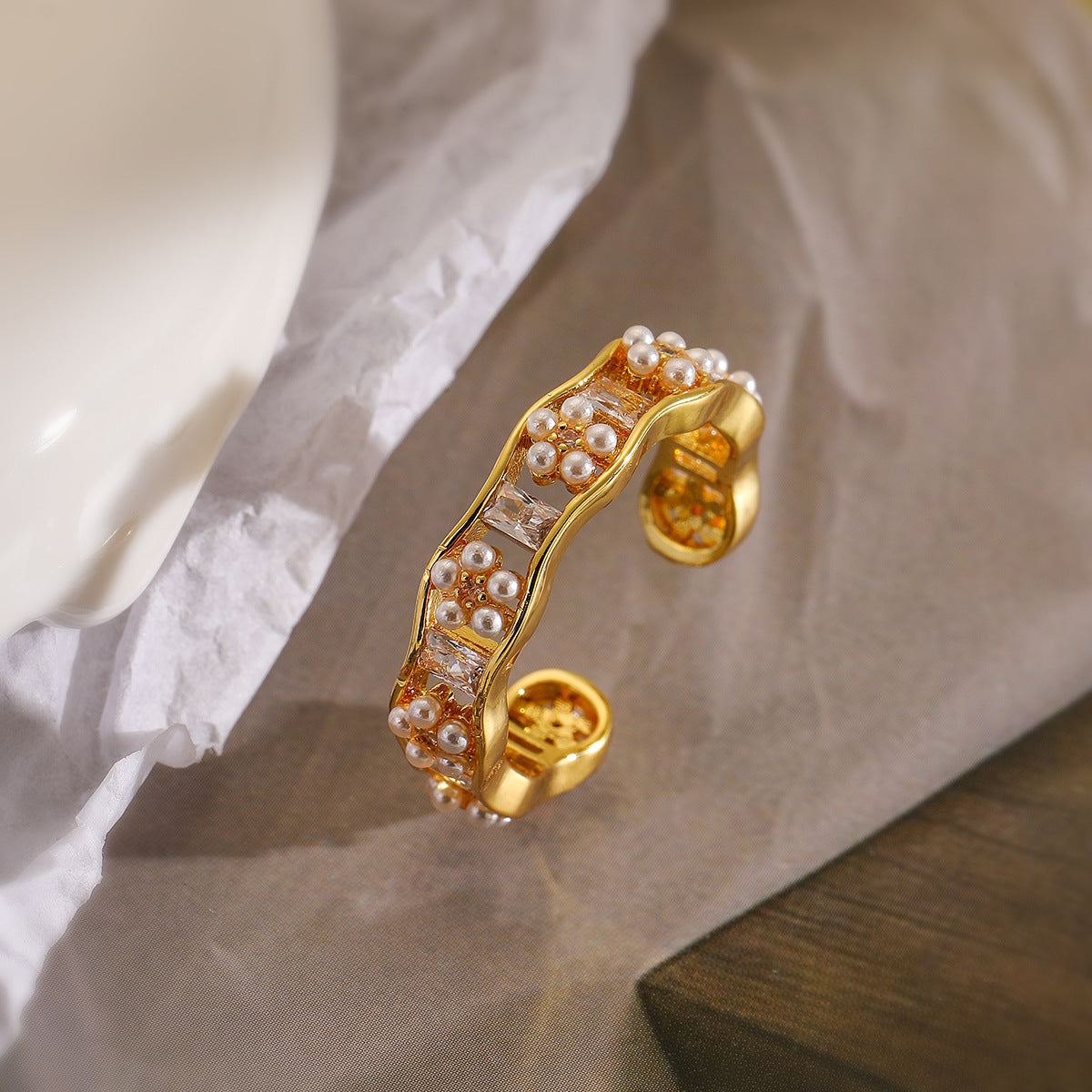 Minimalist Geometric Open Ring for Women Made of Brass with 18K Gold Plating, Zircon and Pearl Inlay