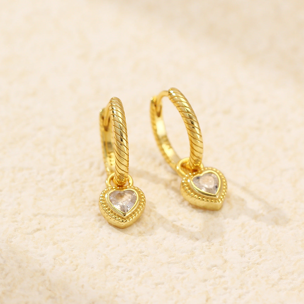 Luxury Elegant Heart Striped Rhinestone Plated 925 Sterling Silver Hoop Earrings for Women
