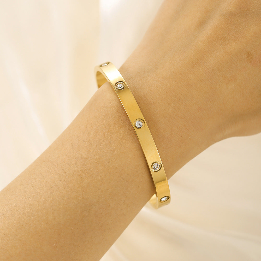 Minimalist Elegant Geometric Titanium Steel C-Shape Bracelet with Rhinestone Inlay for Unisex