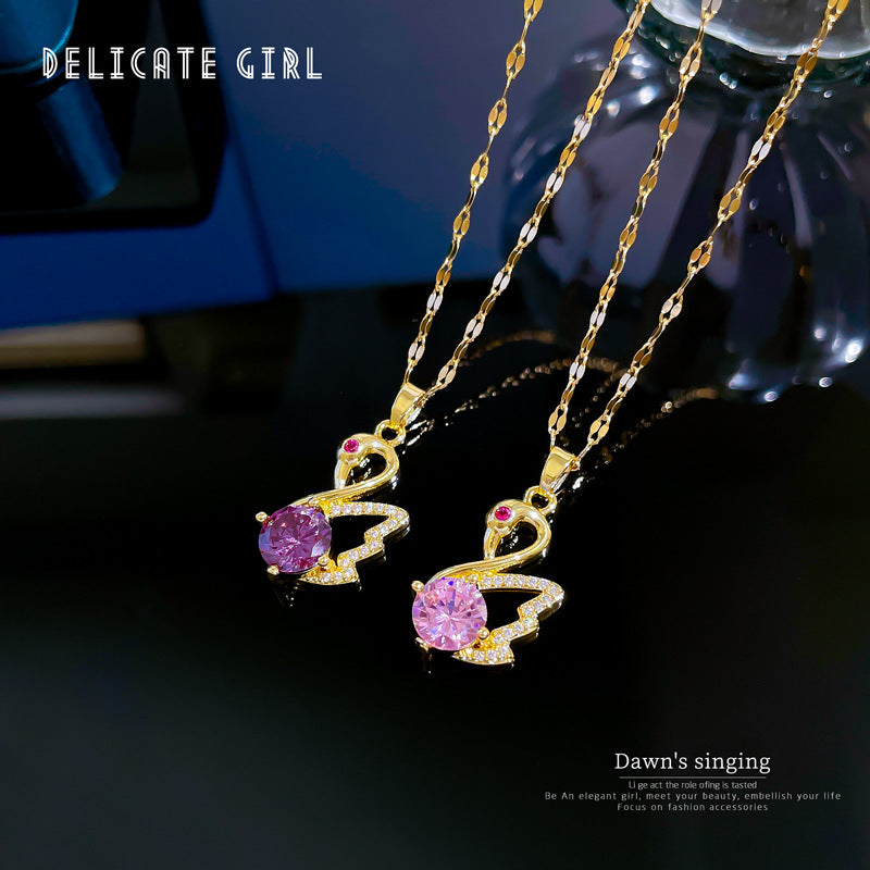 Luxury Swan Pendant Necklace for Women Titanium Steel Geometric Inlaid Rhinestone Clavicle Chain with Plated Finish