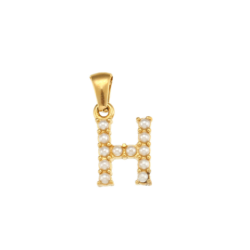 Minimalist Letter Pendant Necklace Stainless Steel with 18K Gold Plating Micro-Pave Zirconia and Pearl Accents