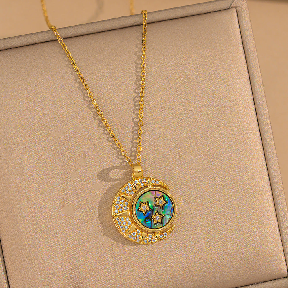 Collana di lusso da donna in acciaio al titanio placcato oro 18 carati con ciondolo in pietra naturale e zirconi
