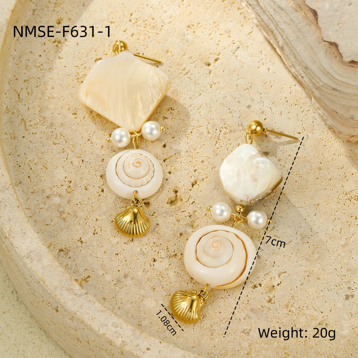 Pendientes colgantes de concha y perlas estilo vacaciones para mujer en acero inoxidable con acabado chapado