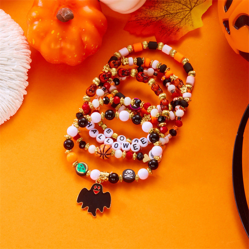 Bracciale da donna con perline a forma di teschio, zucca e fantasma in stile cartone animato, con ciondolo in lega e tema festa di Halloween