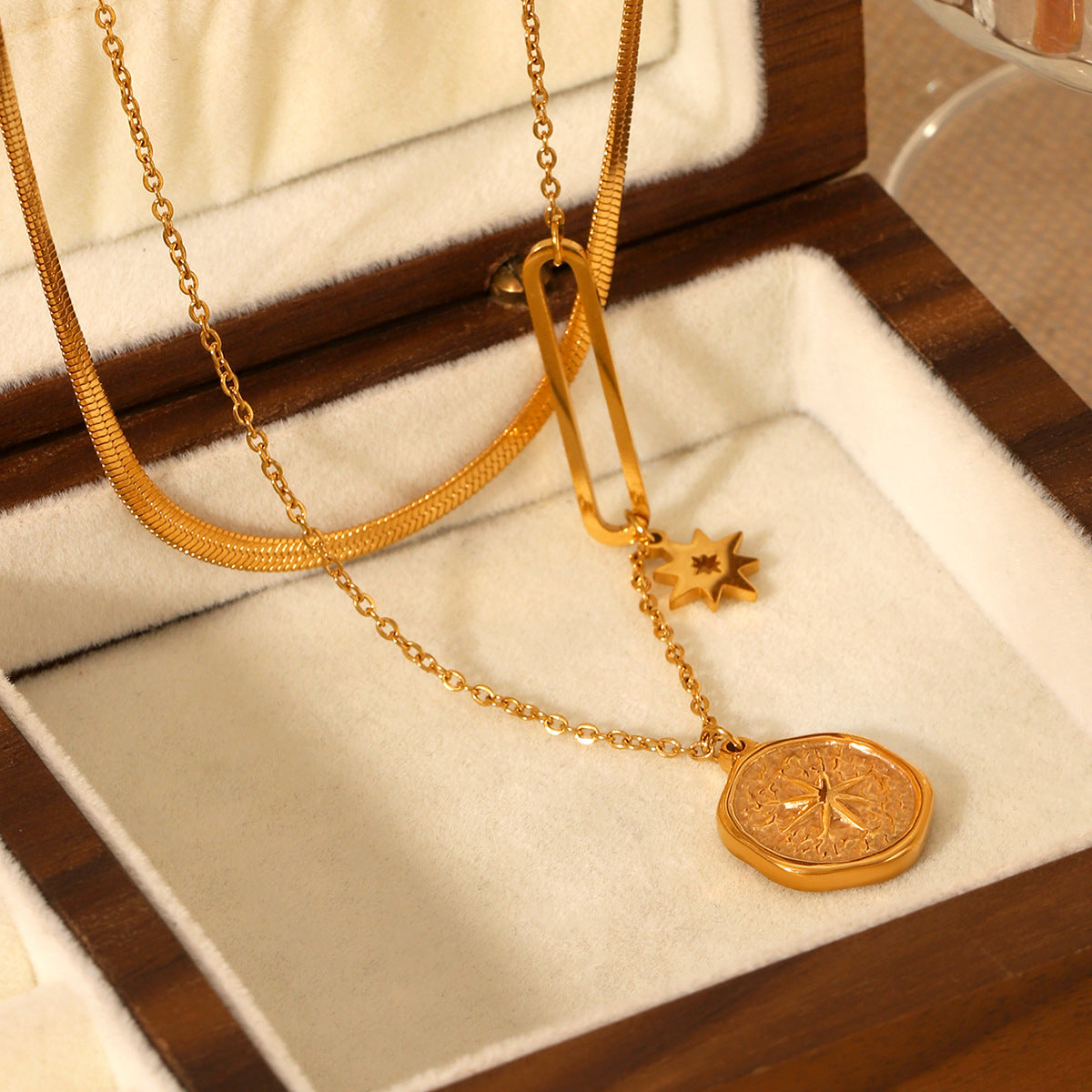 Minimalist Geometric Eight-Pointed Star Pendant Necklace in Stainless Steel with Plated Finish on Blade Chain for Women