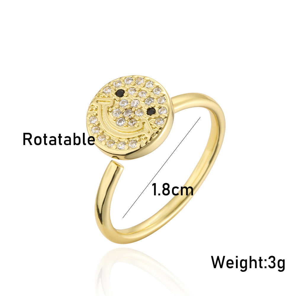 Rotatable Smiley Face Open Ring Geometric Brass Gold Plated Cubic Zirconia Inlay Women